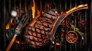 Top-View Angus Beef Tomahawk Steak on BBQ Grill with Utensils photo