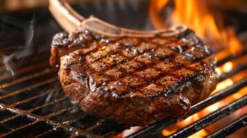 Close-Up Shot of Sizzling Angus Beef Tomahawk Steak on BBQ Grill photo