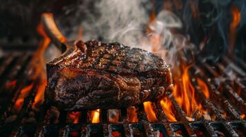 Side-View Image of Angus Beef Tomahawk Steak on BBQ Grill with Flames and Smoke photo