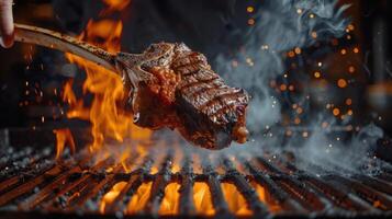 Dynamic Image of Angus Beef Tomahawk Steak Flipping on BBQ Grill photo
