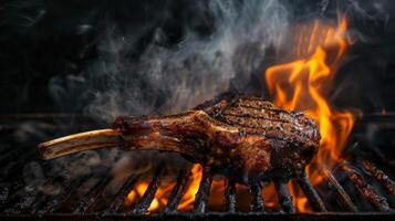 Side-View Image of Angus Beef Tomahawk Steak on BBQ Grill with Flames and Smoke photo