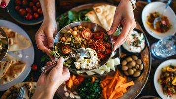 Close-Up of Mediterranean Mezze Platter with Hands Selecting Hummus, Tzatziki, Feta Cheese, and Pita Bread photo