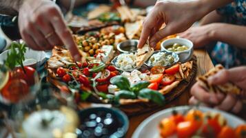 Close-Up of Mediterranean Mezze Platter with Hands Selecting Hummus, Tzatziki, Feta Cheese, and Pita Bread photo