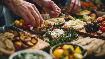 Close-Up of Mediterranean Mezze Platter with Hands Selecting Hummus, Tzatziki, Feta Cheese, and Pita Bread photo
