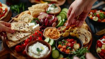Close-Up of Mediterranean Mezze Platter with Hands Selecting Hummus, Tzatziki, Feta Cheese, and Pita Bread photo