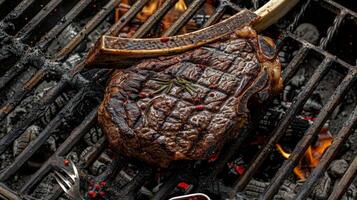 Top-View Angus Beef Tomahawk Steak on BBQ Grill with Utensils photo