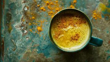 Overhead View of Golden Milk Mug with Rich Turmeric and Spices photo