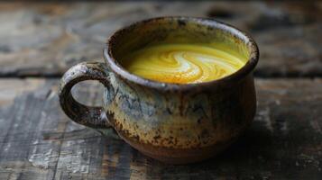 Rustic Mug of Golden Milk with Swirls of Turmeric and Honey photo