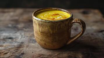 Rustic Mug of Golden Milk with Swirls of Turmeric and Honey photo