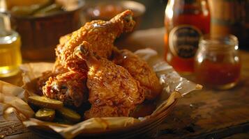 Crispy Fried Chicken with Honey on Vintage Wooden Table photo