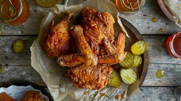 Crispy Fried Chicken with Honey on Vintage Wooden Table photo