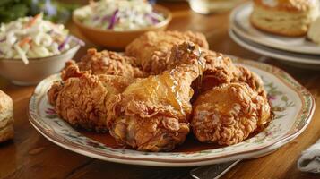 Rustic Farmhouse Table with Honey-Drizzled Fried Chicken Platter photo
