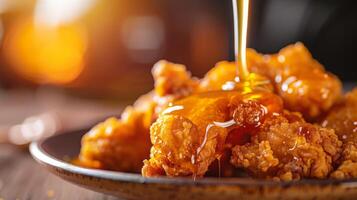 Mesmerizing Honey Pouring Over Golden Fried Chicken photo