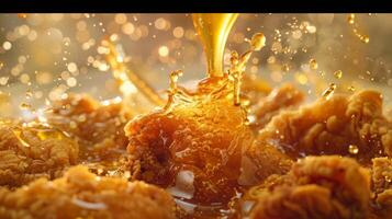 Dynamic Shot of Honey Pouring Over Fried Chicken photo