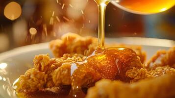 Dynamic Shot of Honey Pouring Over Fried Chicken photo