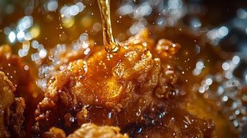 Overhead View of Honey Drizzling Over Fried Chicken photo