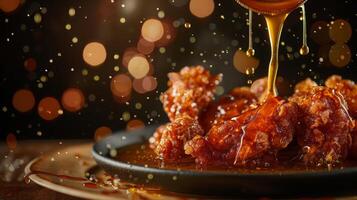 Dynamic Shot of Honey Pouring Over Fried Chicken photo