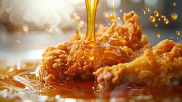 Dynamic Shot of Honey Pouring Over Fried Chicken photo