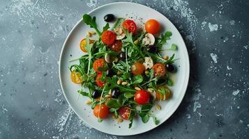 Circular Salad Composition with Arugula, Cherry Tomatoes, and Pine Nuts on White Plate photo