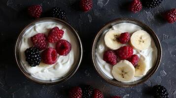 Fresh Yogurt Bowls with Sliced Bananas, Raspberries, and Blackberries photo