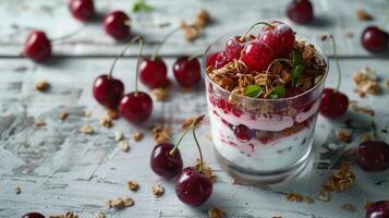 Inviting Kefir Yogurt Glass with Granola and Sweet Cherries photo