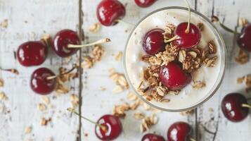 Elegant Kefir Yogurt Glass with Granola and Sweet Cherries photo
