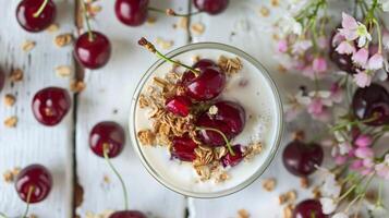 Elegant Kefir Yogurt Glass with Granola and Sweet Cherries photo
