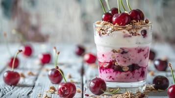 Inviting Kefir Yogurt Glass with Granola and Sweet Cherries photo