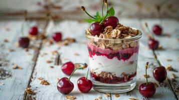 Inviting Kefir Yogurt Glass with Granola and Sweet Cherries photo