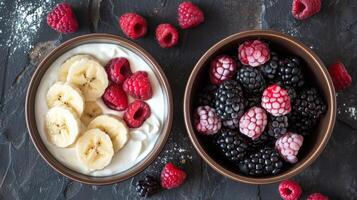 Fresh Yogurt Bowls with Sliced Bananas, Raspberries, and Blackberries photo