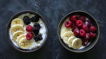 Fresh Yogurt Bowls with Sliced Bananas, Raspberries, and Blackberries photo