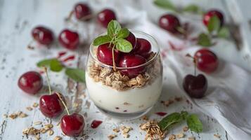 Inviting Kefir Yogurt Glass with Granola and Sweet Cherries photo