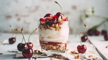 Creamy Kefir Yogurt Glass with Granola and Sweet Cherries photo