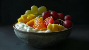 Colorful Fruit Yogurt Bowl with Grapes, Oranges, and Mango Slices photo