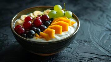 Colorful Fruit Yogurt Bowl with Grapes, Oranges, and Mango Slices photo