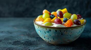 Colorful Fruit Yogurt Bowl with Grapes, Oranges, and Mango Slices photo