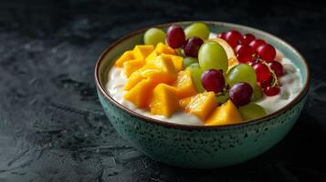 Colorful Fruit Yogurt Bowl with Grapes, Oranges, and Mango Slices photo
