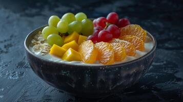 Colorful Fruit Yogurt Bowl with Grapes, Oranges, and Mango Slices photo
