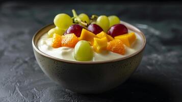 Colorful Fruit Yogurt Bowl with Grapes, Oranges, and Mango Slices photo