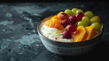 Colorful Fruit Yogurt Bowl with Grapes, Oranges, and Mango Slices photo
