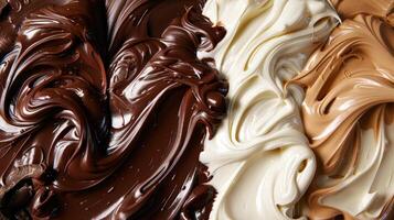 Mesmerizing Swirls of Melted Milk, Dark, and White Chocolate photo