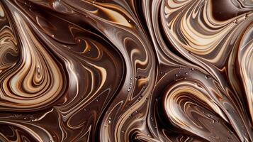 Artistic Marbling. Swirling Melted Milk, Dark, and White Chocolate photo