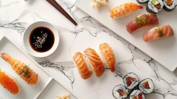 Luxurious Sushi Presentation. Top-Down View on White Marble photo