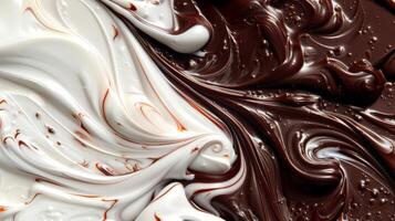 Artistic Marbling. Swirling Melted Milk, Dark, and White Chocolate photo