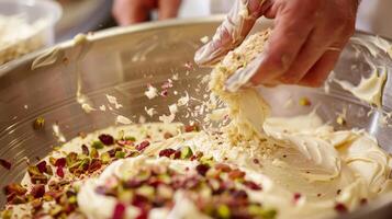Crafting White Chocolate Salami. Mixing White Chocolate with Dried Fruit and Pistachios photo