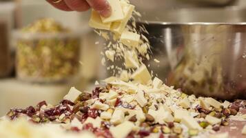 Crafting White Chocolate Salami. Mixing White Chocolate with Dried Fruit and Pistachios photo