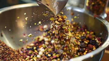Crafting White Chocolate Salami. Mixing White Chocolate with Dried Fruit and Pistachios photo