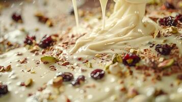 Crafting White Chocolate Salami. Mixing White Chocolate with Dried Fruit and Pistachios photo