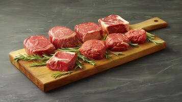 Black Angus Prime Steak Assortment on Wooden Board photo