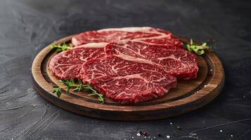 Rich Textures of Raw Steaks with Marbling on Wooden Board photo